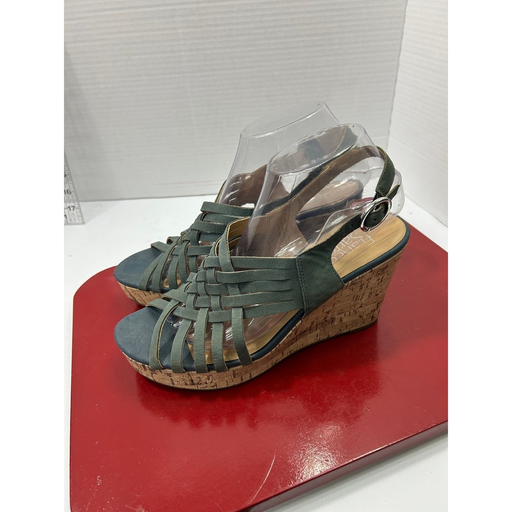 Franco Sarto Nicola Wedge Sandals 9M Teal Leather Cork Woven Slingback Boho